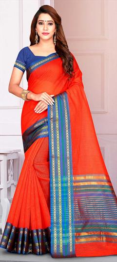 Casual, Traditional Orange color Saree in Kota Doria Silk, Silk fabric with Bengali, South Weaving work : 1604534