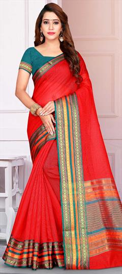 Casual, Traditional Red and Maroon color Saree in Kota Doria Silk, Silk fabric with Bengali, South Weaving work : 1604535