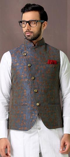 Black and Grey color Nehru Jacket in Jacquard fabric with Weaving work : 1604879