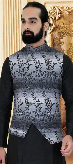 Black and Grey color Nehru Jacket in Silk fabric with Printed work : 1604889