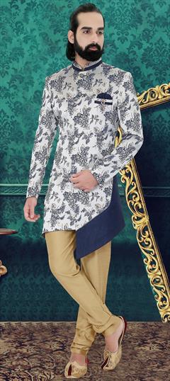 White and Off White color Sherwani in Jacquard fabric with Broches, Floral, Printed work : 1604908