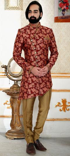 Red and Maroon color Sherwani in Banarasi Silk fabric with Embroidered, Thread work : 1604909