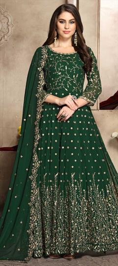 Mehendi Sangeet, Party Wear Green color Salwar Kameez in Georgette fabric with Abaya, Anarkali Embroidered, Thread, Zari work : 1605179