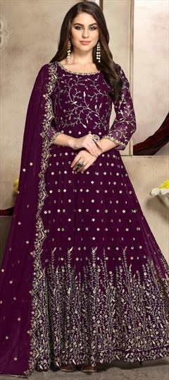 Mehendi Sangeet, Party Wear Purple and Violet color Salwar Kameez in Georgette fabric with Abaya, Anarkali Embroidered, Thread, Zari work : 1605181