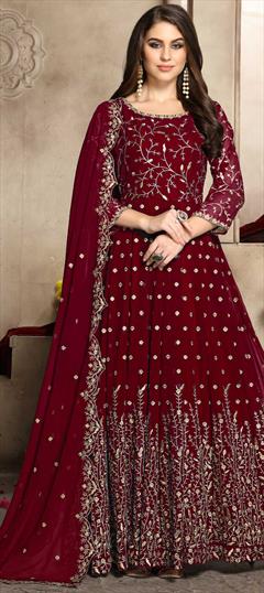 Mehendi Sangeet, Party Wear Red and Maroon color Salwar Kameez in Georgette fabric with Abaya, Anarkali Embroidered, Thread, Zari work : 1605183