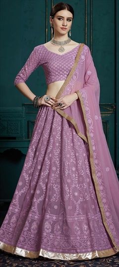 Engagement, Mehendi Sangeet, Reception Purple and Violet color Lehenga in Georgette fabric with A Line Embroidered, Resham, Sequence, Thread work : 1605554