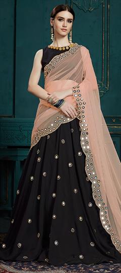 Festive, Mehendi Sangeet, Reception Black and Grey color Lehenga in Georgette fabric with A Line Cut Dana, Mirror, Sequence, Thread, Zari work : 1605564