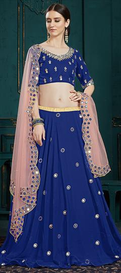 Festive, Mehendi Sangeet, Reception Blue color Lehenga in Georgette fabric with A Line Cut Dana, Mirror, Sequence, Thread, Zari work : 1605566