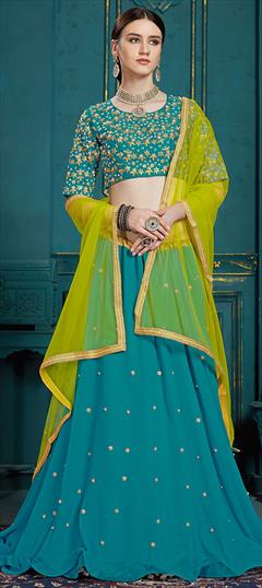 Festive, Mehendi Sangeet, Reception Blue color Lehenga in Georgette fabric with A Line Moti, Sequence, Thread, Zari work : 1605568