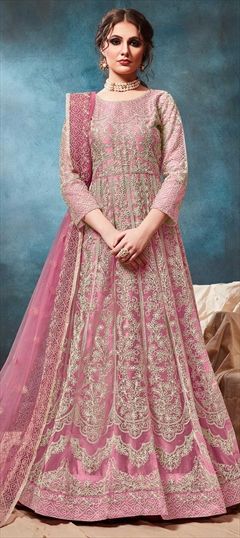Engagement, Party Wear, Reception Pink and Majenta color Salwar Kameez in Net fabric with Abaya, Anarkali Embroidered, Thread work : 1606901