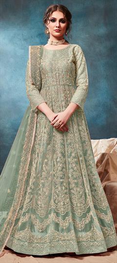 Mehendi Sangeet, Party Wear, Reception Green color Salwar Kameez in Net fabric with Abaya, Anarkali Embroidered, Thread work : 1606905