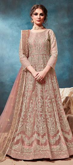 Party Wear Beige and Brown color Salwar Kameez in Net fabric with Abaya, Anarkali Embroidered, Thread work : 1606908