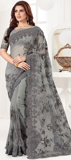 Party Wear Black and Grey color Saree in Net fabric with Classic Bugle Beads, Embroidered, Resham, Thread work : 1607775