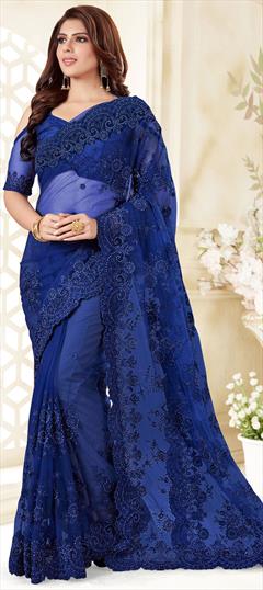 Engagement, Party Wear, Reception Blue color Saree in Net fabric with Classic Bugle Beads, Embroidered, Resham, Thread work : 1607777
