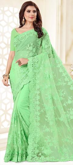 Engagement, Party Wear, Reception Green color Saree in Net fabric with Classic Bugle Beads, Embroidered, Resham, Thread work : 1607786
