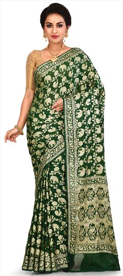 Festive, Traditional, Wedding Green color Saree in Banarasi Silk, Silk fabric with South Weaving work : 1608187
