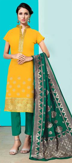 Party Wear, Reception Yellow color Salwar Kameez in Banarasi Silk fabric with Straight Weaving work : 1608208