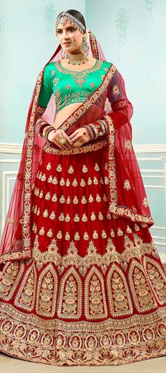 Wedding Red and Maroon color Lehenga in Satin Silk fabric with A Line Embroidered, Stone, Thread, Zari work : 1608386