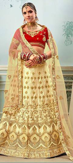 Wedding Beige and Brown color Lehenga in Satin Silk fabric with A Line Embroidered, Stone, Thread, Zari work : 1608388