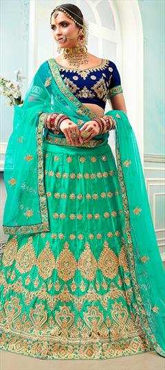 Reception Green color Lehenga in Satin Silk fabric with A Line Embroidered, Stone, Thread, Zari work : 1608390