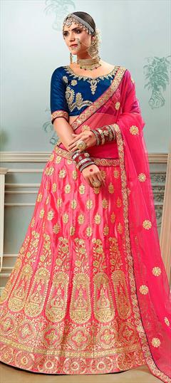 Wedding Pink and Majenta color Lehenga in Satin Silk fabric with A Line Embroidered, Stone, Thread, Zari work : 1608393