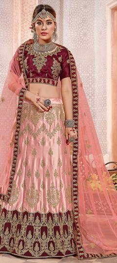 Bridal, Wedding Pink and Majenta color Lehenga in Satin Silk fabric with A Line Embroidered, Stone, Thread, Zari work : 1608494