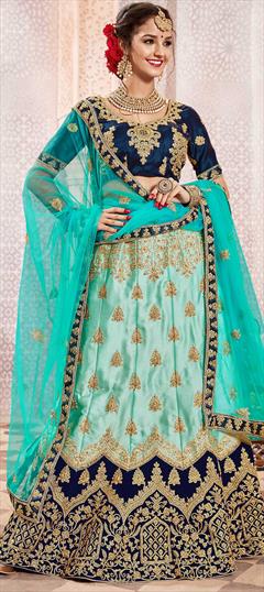 Bridal, Wedding Blue color Lehenga in Satin Silk fabric with A Line Embroidered, Stone, Thread, Zari work : 1608495