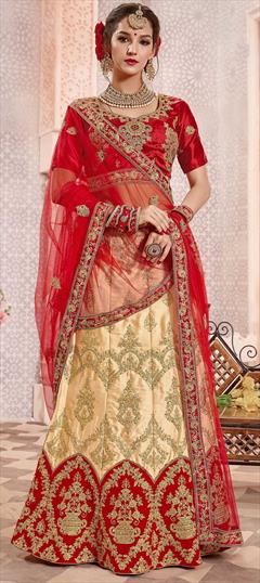 Bridal, Wedding Beige and Brown color Lehenga in Satin Silk fabric with A Line Embroidered, Stone, Thread, Zari work : 1608496