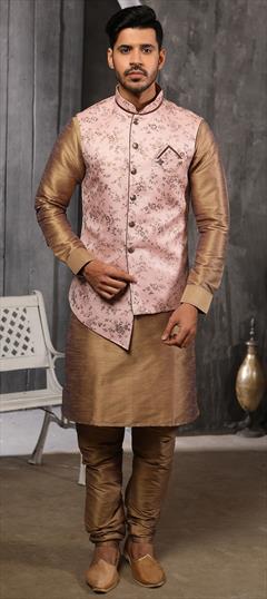 Beige and Brown color Kurta Pyjama with Jacket in Banarasi Silk, Jacquard fabric with Printed work : 1609055