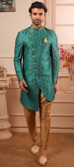 Blue color IndoWestern Dress in Brocade, Jacquard fabric with Broches, Weaving work : 1609078