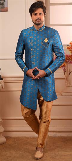Blue color IndoWestern Dress in Brocade, Jacquard fabric with Broches, Weaving work : 1609080