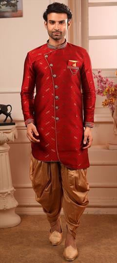 Red and Maroon color IndoWestern Dress in Brocade, Jacquard fabric with Broches, Weaving work : 1609092