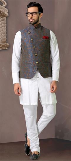 White and Off White color Kurta Pyjama with Jacket in Linen fabric with Weaving work : 1609365