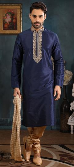 Blue color Kurta Pyjamas in Banarasi Silk fabric with Embroidered, Thread work : 1609651