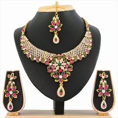 Green, Pink and Majenta color Necklace in Metal Alloy studded with CZ Diamond & Gold Rodium Polish : 1609998