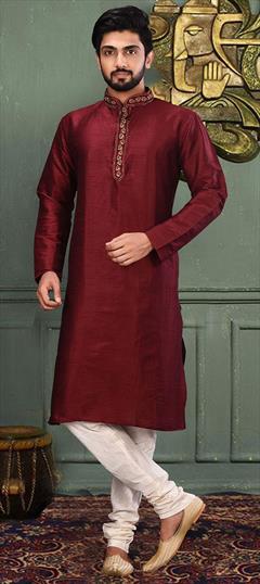 Red and Maroon color Kurta Pyjamas in Art Dupion Silk fabric with Lace, Resham work : 1610500