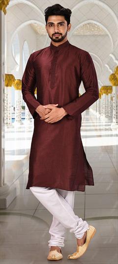 Red and Maroon color Kurta Pyjamas in Art Dupion Silk fabric with Embroidered work : 1610675