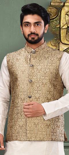 Beige and Brown color Nehru Jacket in Jacquard fabric with Zari work : 1610683