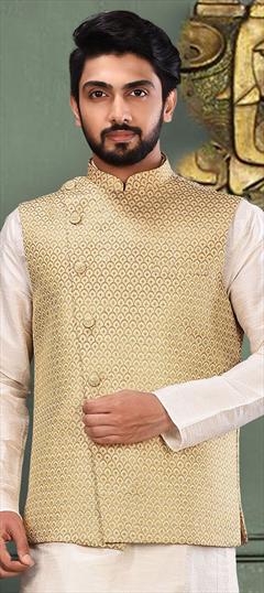 Beige and Brown color Nehru Jacket in Jacquard fabric with Thread, Zari work : 1610685