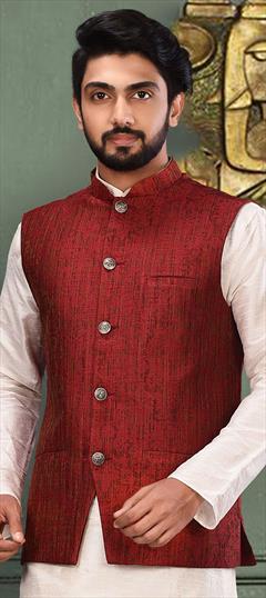 Red and Maroon color Nehru Jacket in Jacquard fabric with Zari work : 1610688