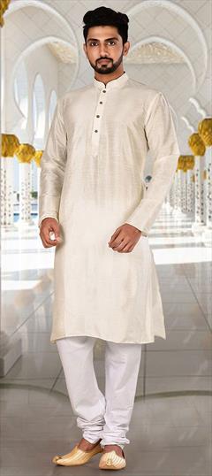White and Off White color Kurta Pyjamas in Art Dupion Silk fabric with Thread work : 1610701