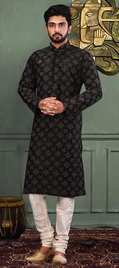 Black and Grey color Kurta Pyjamas in Art Dupion Silk fabric with Embroidered, Resham, Thread work : 1610740