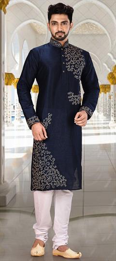 Blue color Kurta Pyjamas in Art Dupion Silk fabric with Embroidered, Resham, Thread work : 1610745