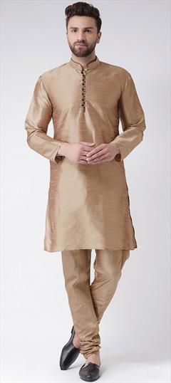 Beige and Brown color Kurta Pyjamas in Dupion Silk fabric with Thread work : 1610812