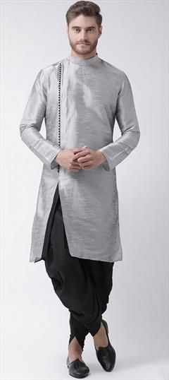 Black and Grey color Dhoti Kurta in Dupion Silk fabric with Thread work : 1610879
