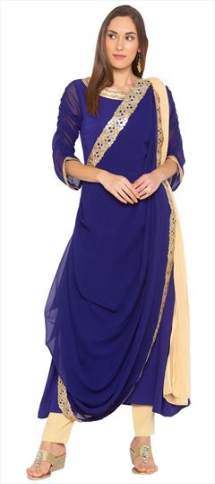 Party Wear Blue color Salwar Kameez in Georgette fabric with Asymmetrical Border work : 1611056