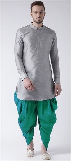 Black and Grey color Dhoti Kurta in Dupion Silk fabric with Thread work : 1611855