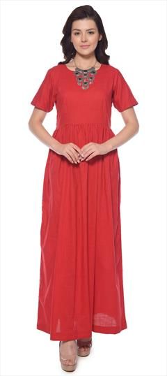 Casual Red and Maroon color Kurti in Cotton fabric with Abaya, Short Thread work : 1611863