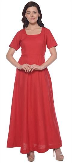 Casual Red and Maroon color Kurti in Cotton fabric with Abaya, Short Thread work : 1611864