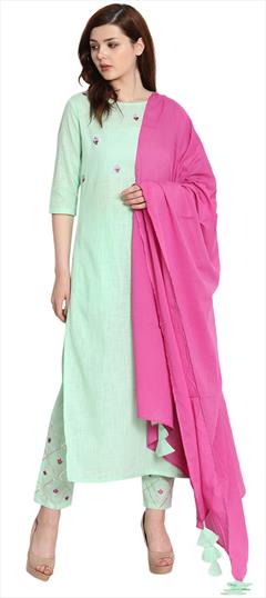 Casual Green color Salwar Kameez in Cotton fabric with Straight Embroidered, Gota Patti, Resham, Thread work : 1613336